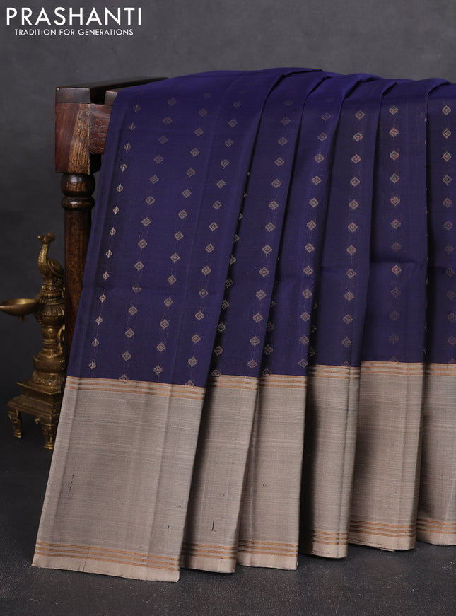 Pure soft silk saree navy blue and beige with allover zari woven buttas and long rettapet zari woven border