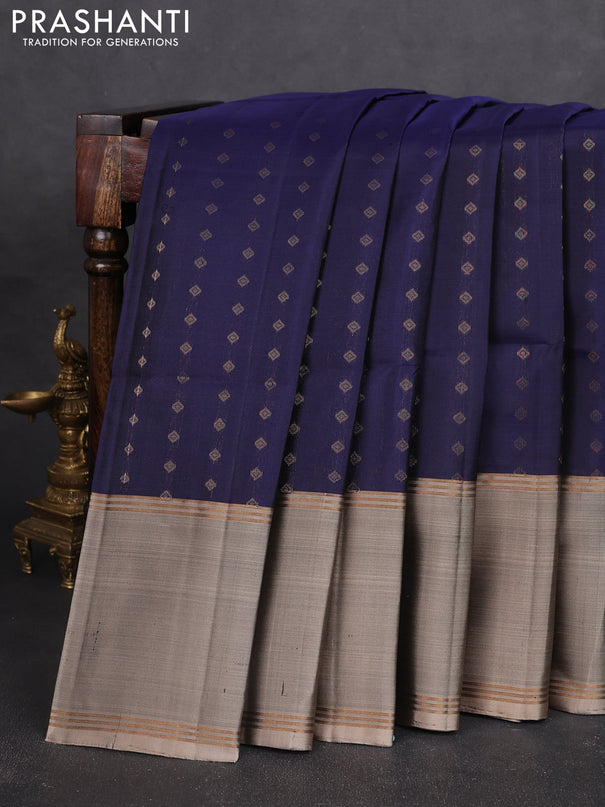 Pure soft silk saree navy blue and beige with allover zari woven buttas and long rettapet zari woven border