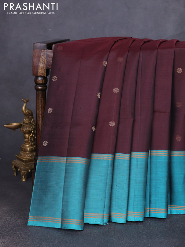 Pure soft silk saree coffee brown and teal blue with allover zari woven buttas and long rettapet zari woven border
