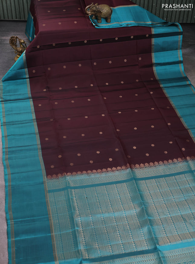 Pure soft silk saree coffee brown and teal blue with allover zari woven buttas and long rettapet zari woven border