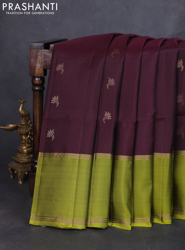 Pure soft silk saree coffee brown and light green with allover zari woven buttas and rettapet zari woven border