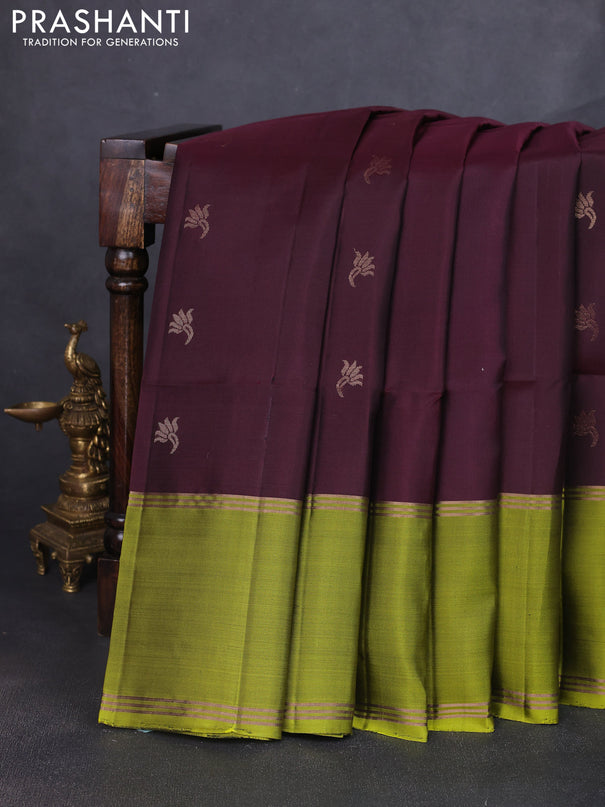 Pure soft silk saree coffee brown and light green with allover zari woven buttas and rettapet zari woven border