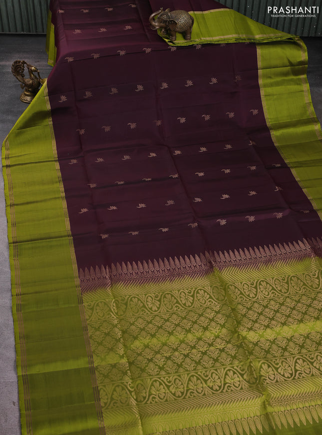 Pure soft silk saree coffee brown and light green with allover zari woven buttas and rettapet zari woven border