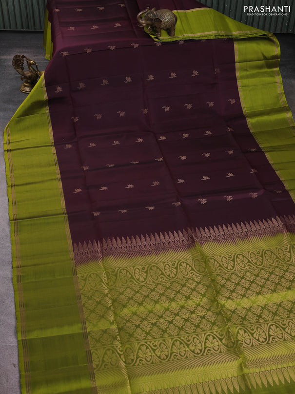 Pure soft silk saree coffee brown and light green with allover zari woven buttas and rettapet zari woven border