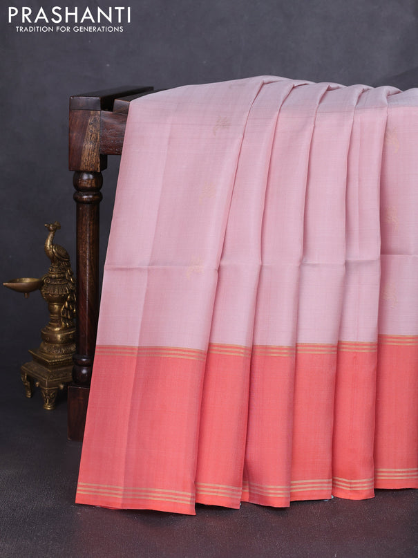 Pure soft silk saree pastel pink and orange with allover zari woven buttas and rettapet zari woven border