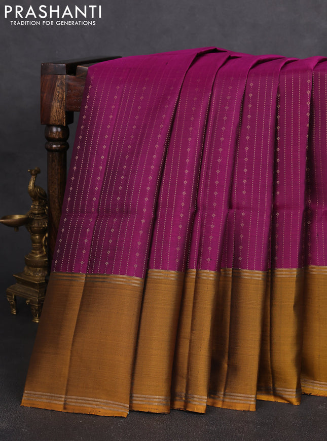 Pure soft silk saree purple and dark mustard with allover zari weaves and rettapet zari woven border