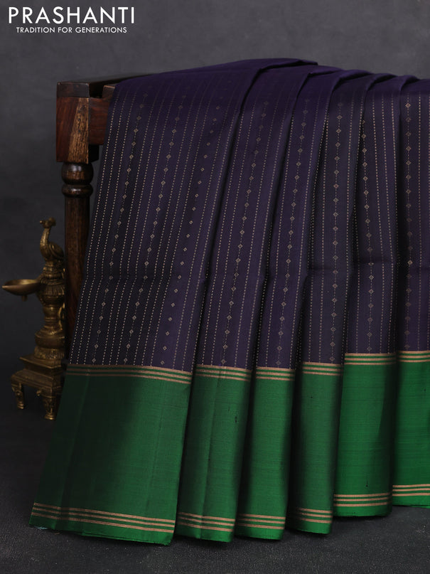 Pure soft silk saree navy blue and green with allover zari weaves and rettapet zari woven border