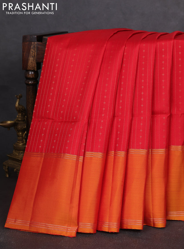 Pure soft silk saree red and dual shade of mustard yellow with allover zari weaves and rettapet zari woven border