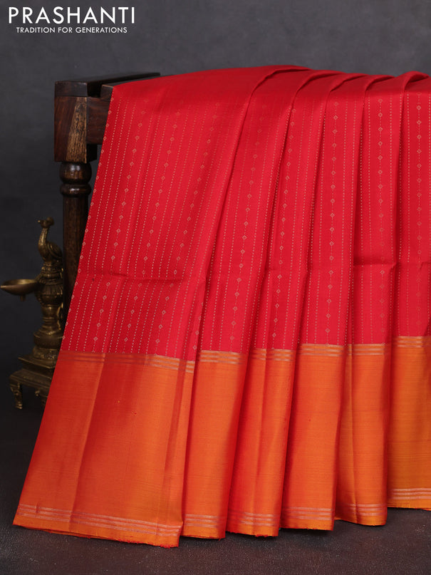 Pure soft silk saree red and dual shade of mustard yellow with allover zari weaves and rettapet zari woven border