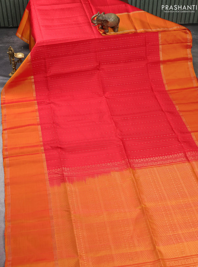 Pure soft silk saree red and dual shade of mustard yellow with allover zari weaves and rettapet zari woven border