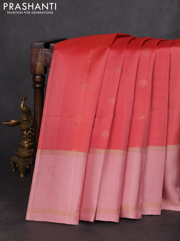 Pure soft silk saree red shade and peach shade with zari woven buttas and long rettapet zari woven border