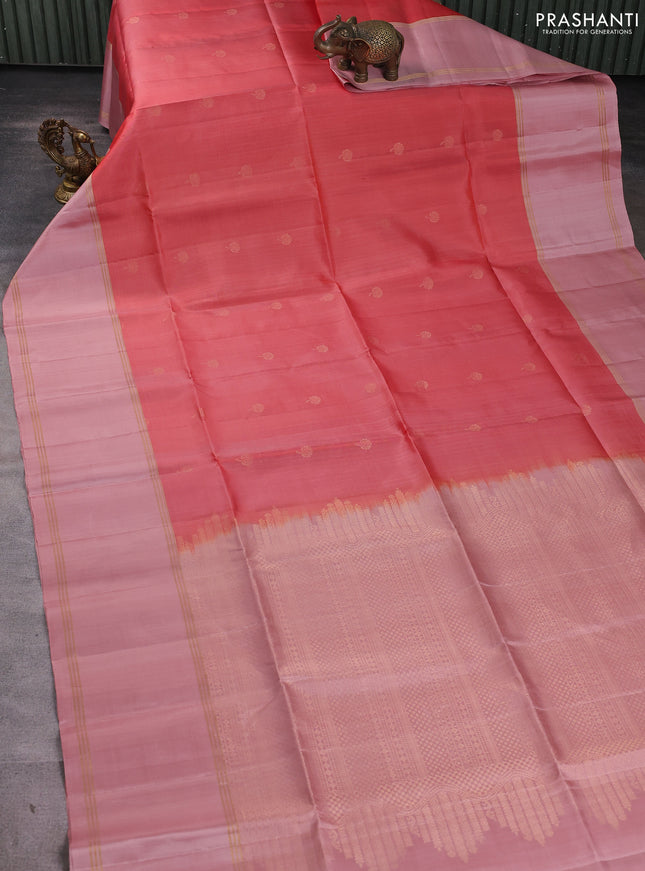 Pure soft silk saree red shade and peach shade with zari woven buttas and long rettapet zari woven border