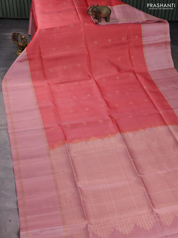 Pure soft silk saree red shade and peach shade with zari woven buttas and long rettapet zari woven border