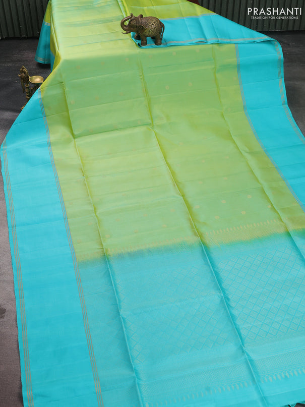 Pure soft silk saree dual shade of lime green and teal blue with zari woven buttas and long rettapet zari woven border