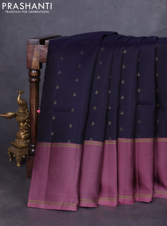 Pure soft silk saree navy blue and mauve pink with allover zari woven buttas and long rettapet zari woven border