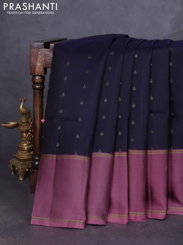 Pure soft silk saree navy blue and mauve pink with allover zari woven buttas and long rettapet zari woven border