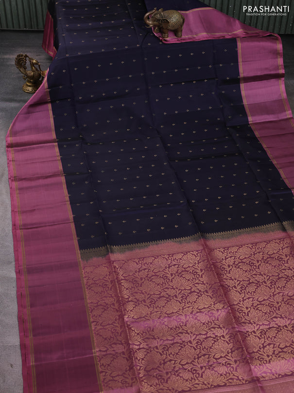 Pure soft silk saree navy blue and mauve pink with allover zari woven buttas and long rettapet zari woven border