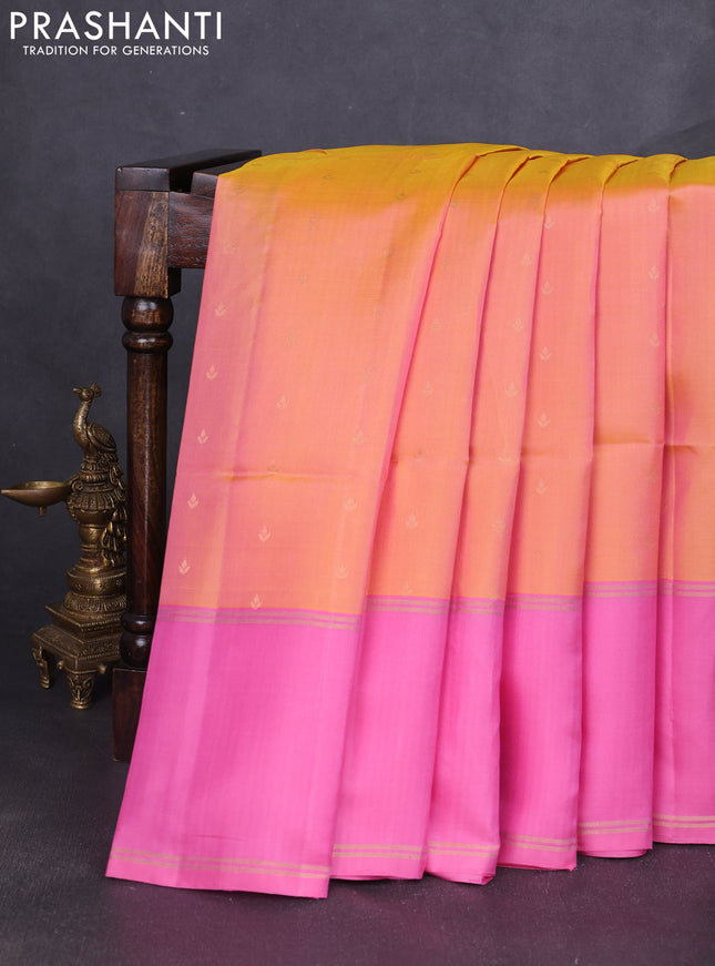 Pure soft silk saree dual shade of yellowish pink and light pink with allover zari woven buttas and long rettapet zari woven border