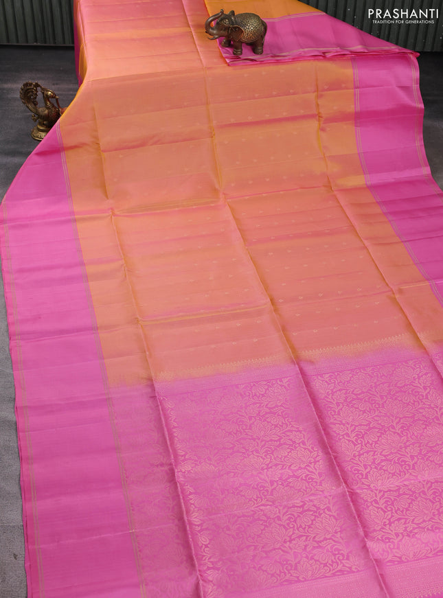 Pure soft silk saree dual shade of yellowish pink and light pink with allover zari woven buttas and long rettapet zari woven border