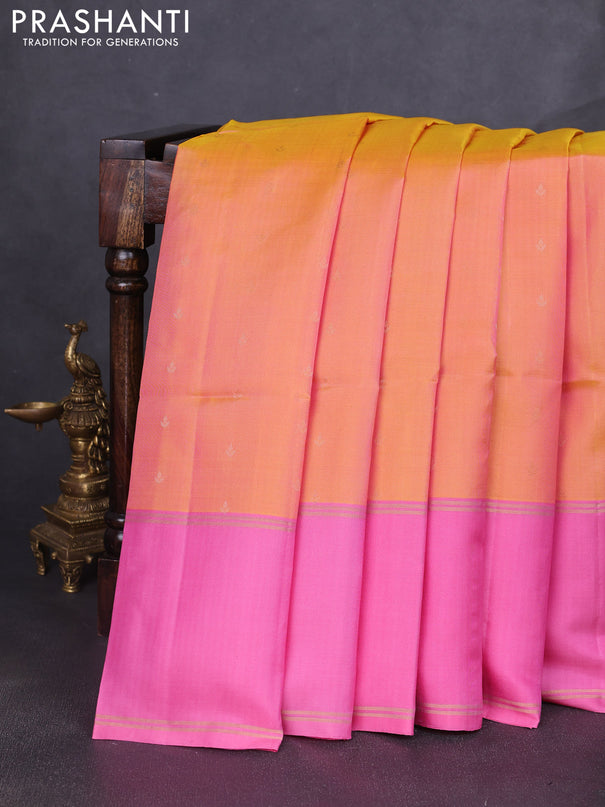 Pure soft silk saree dual shade of pinkish yellow and light pink with allover zari woven buttas and long rettapet zari woven border