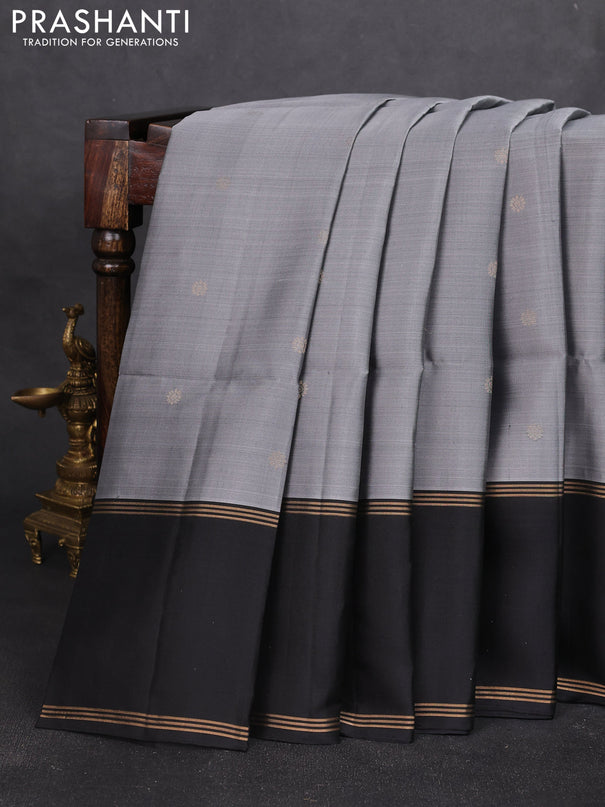 Pure soft silk saree grey and black with allover zari weaves and long rettapet zari woven border