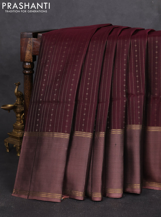 Pure soft silk saree wine shade and pastel brown with allover zari weaves and long rettapet zari woven border