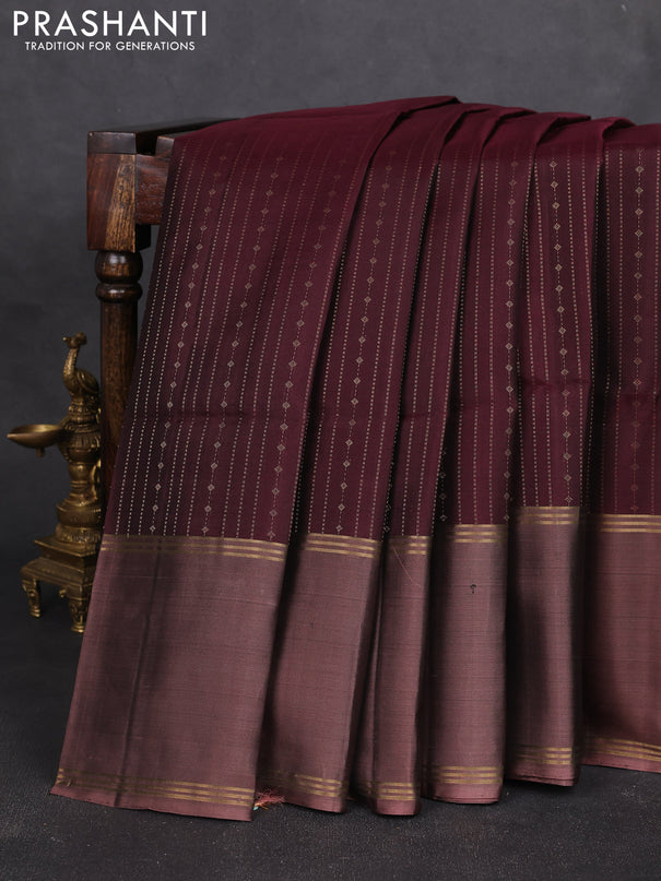 Pure soft silk saree wine shade and pastel brown with allover zari weaves and long rettapet zari woven border