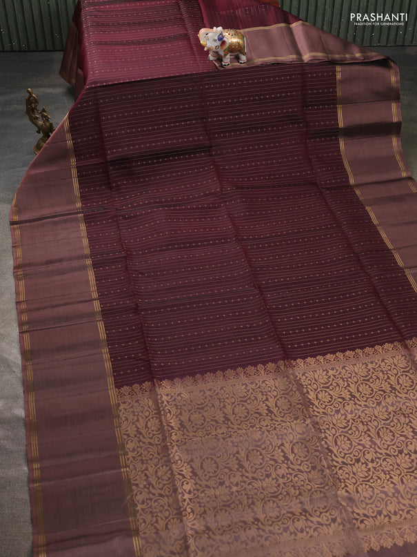 Pure soft silk saree wine shade and pastel brown with allover zari weaves and long rettapet zari woven border