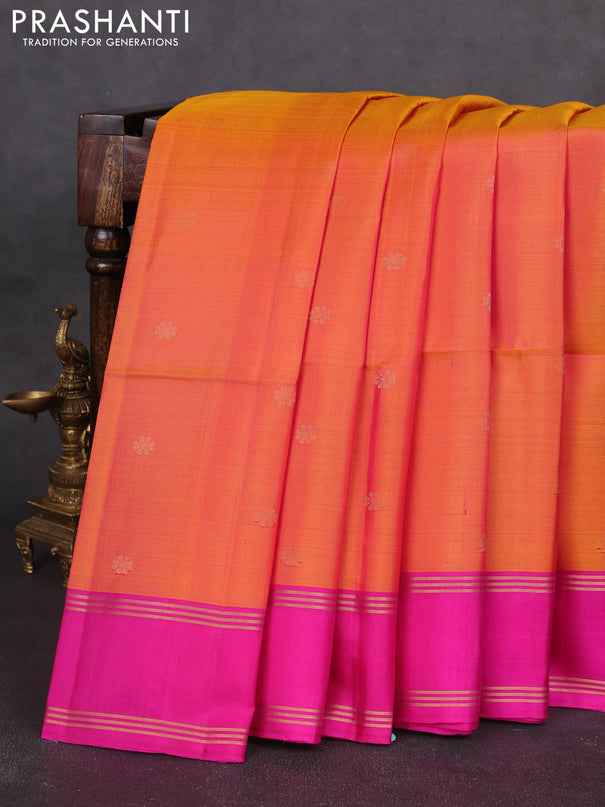 Pure soft silk saree dual shade of pinkish orange and pink with allover zari woven buttas and rettapet zari woven border
