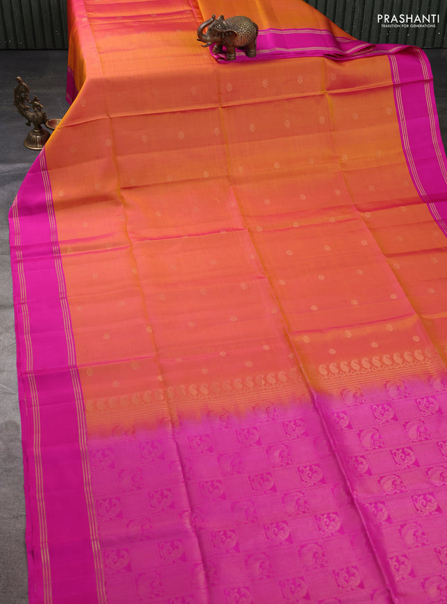 Pure soft silk saree dual shade of pinkish orange and pink with allover zari woven buttas and rettapet zari woven border