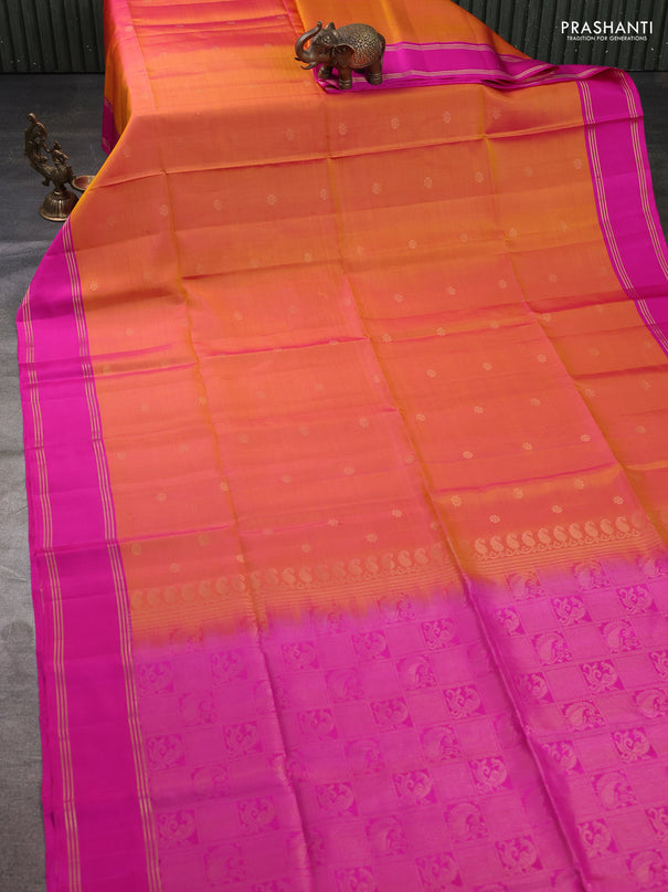Pure soft silk saree dual shade of pinkish orange and pink with allover zari woven buttas and rettapet zari woven border