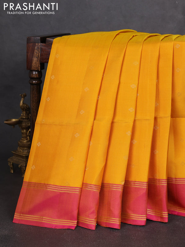Pure soft silk saree yellow and dual shade of pinkish yellow with allover zari woven buttas and rettapet zari woven border