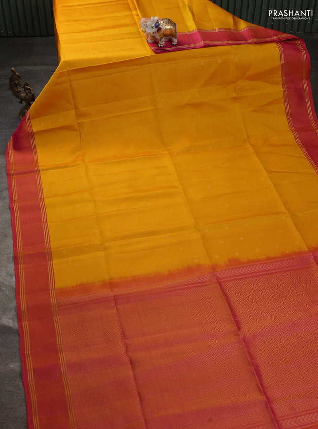 Pure soft silk saree yellow and dual shade of pinkish yellow with allover zari woven buttas and rettapet zari woven border