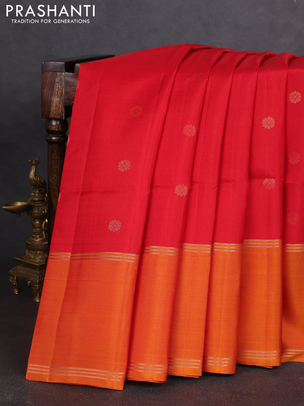 Pure soft silk saree red and mustard yellow with zari woven buttas and rettapet zari woven border