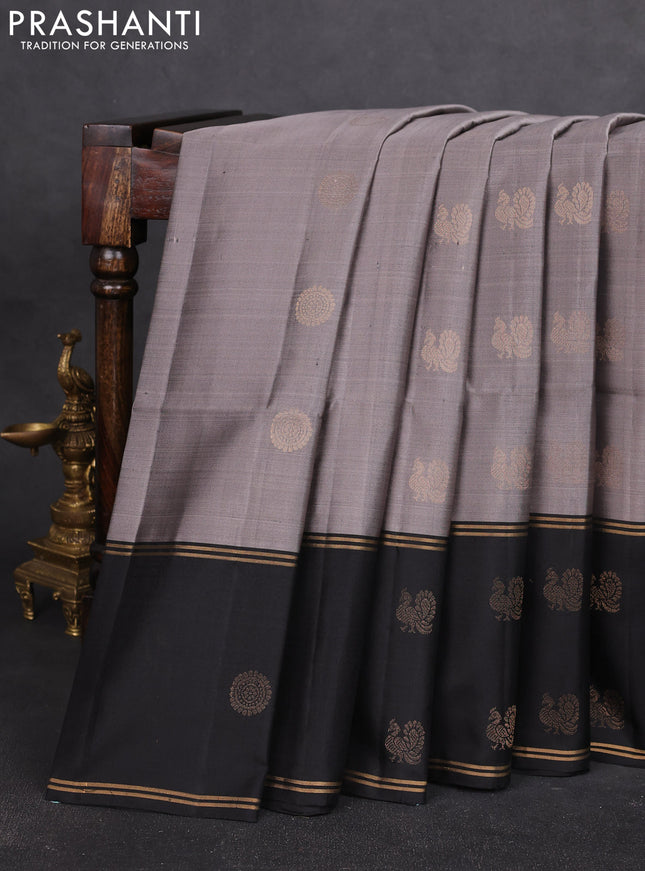 Pure soft silk saree grey and black with zari woven buttas and rettapet zari woven butta border