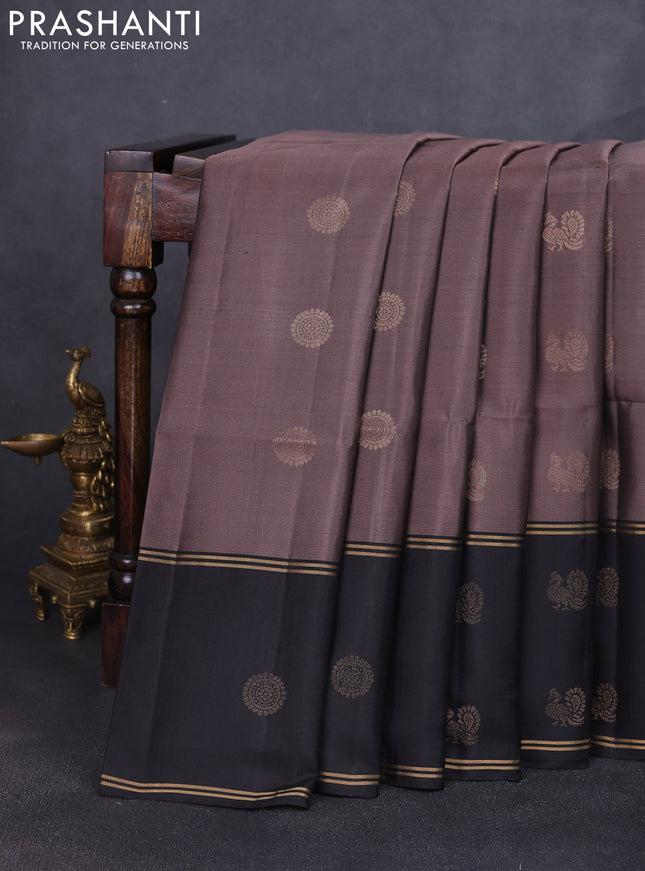 Pure soft silk saree pastel brown and black with allover zari woven buttas and rettapet zari woven butta border