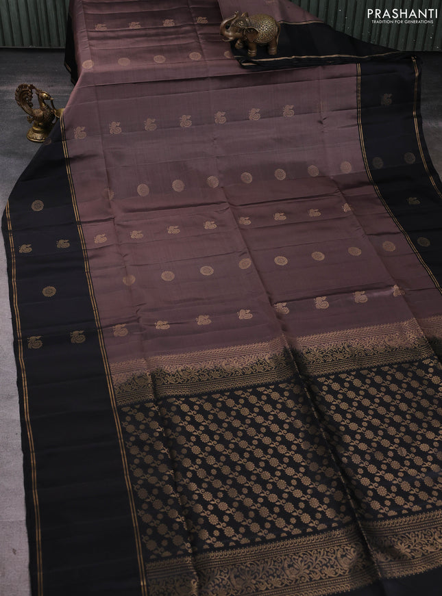 Pure soft silk saree pastel brown and black with allover zari woven buttas and rettapet zari woven butta border