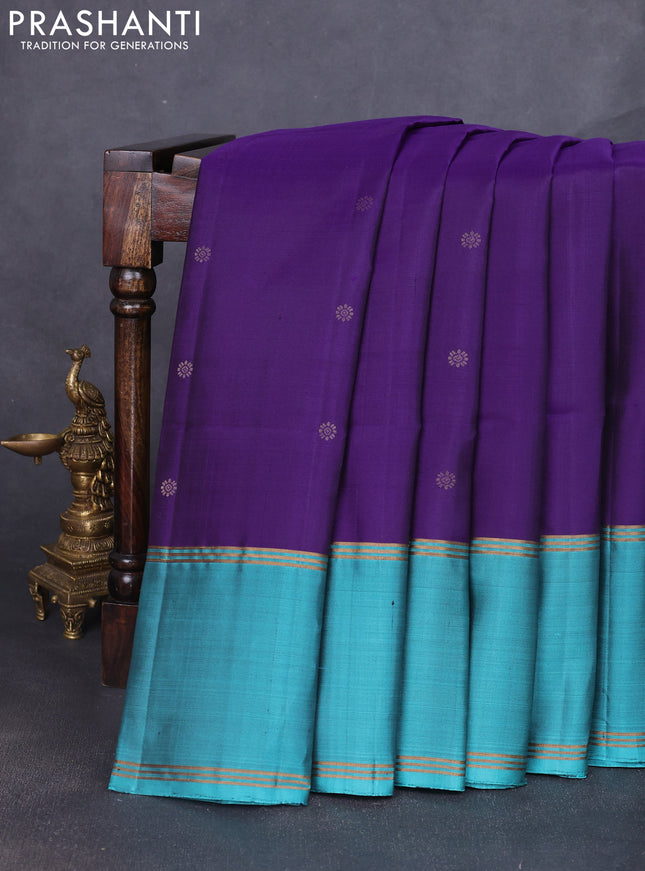 Pure soft silk saree violet and teal blue with allover zari woven buttas and rettapet zari woven border
