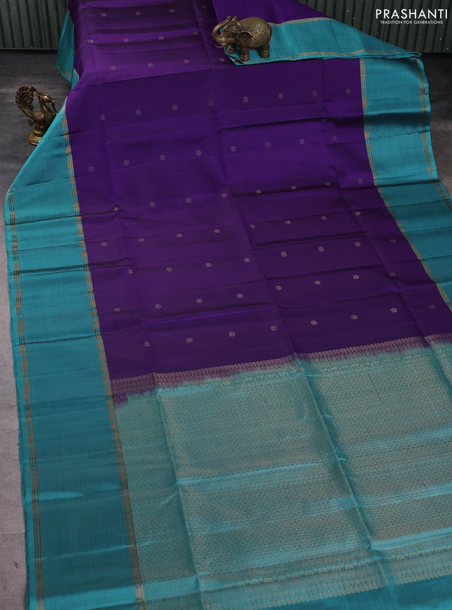 Pure soft silk saree violet and teal blue with allover zari woven buttas and rettapet zari woven border