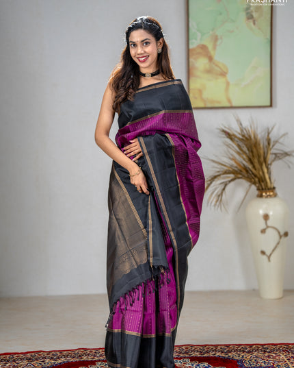 Pure soft silk saree purple and black with allover zari stripe & buttas and rettapet zari woven border