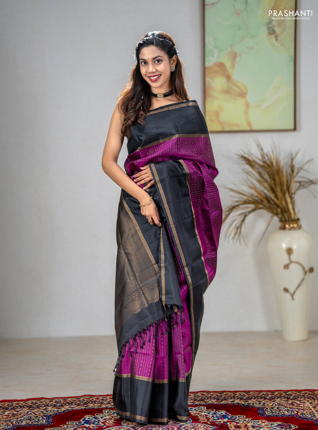 Pure soft silk saree purple and black with allover zari stripe & buttas and rettapet zari woven border