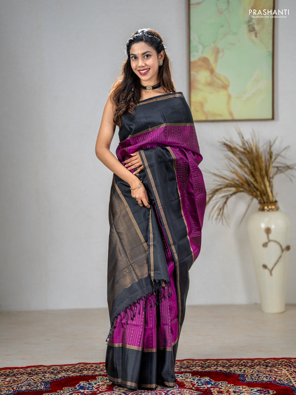 Pure soft silk saree purple and black with allover zari stripe & buttas and rettapet zari woven border