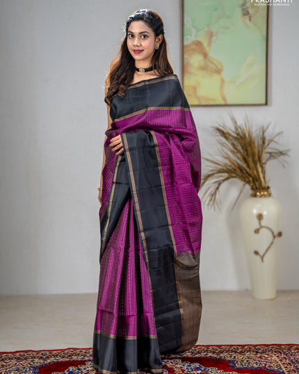 Pure soft silk saree purple and black with allover zari stripe & buttas and rettapet zari woven border
