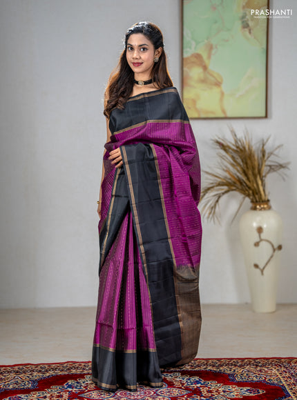 Pure soft silk saree purple and black with allover zari stripe & buttas and rettapet zari woven border