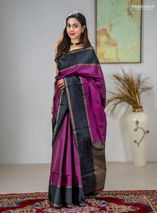 Pure soft silk saree purple and black with allover zari stripe & buttas and rettapet zari woven border