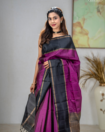 Pure soft silk saree purple and black with allover zari stripe & buttas and rettapet zari woven border