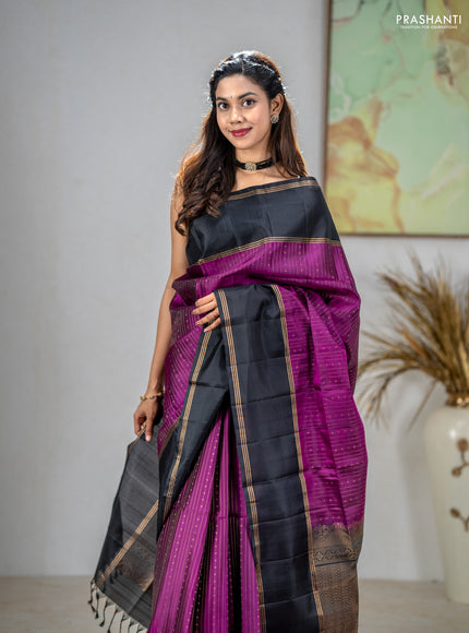 Pure soft silk saree purple and black with allover zari stripe & buttas and rettapet zari woven border