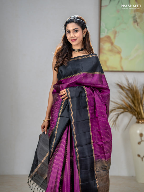 Pure soft silk saree purple and black with allover zari stripe & buttas and rettapet zari woven border