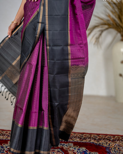 Pure soft silk saree purple and black with allover zari stripe & buttas and rettapet zari woven border