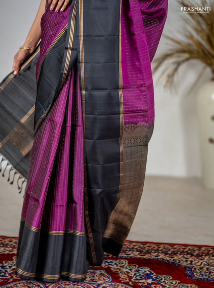Pure soft silk saree purple and black with allover zari stripe & buttas and rettapet zari woven border